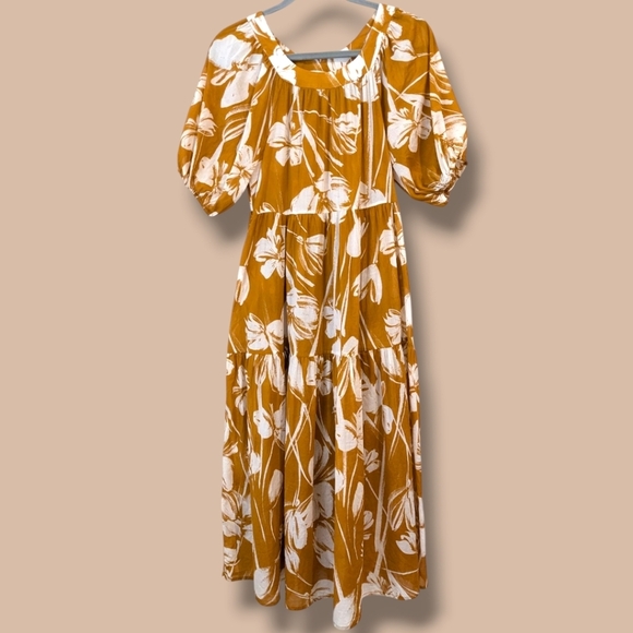 Christy Lynn Orange Floral Cotton Puff-Sleeve Tiered Flowy Audrey Midi Dress - Picture 2 of 13